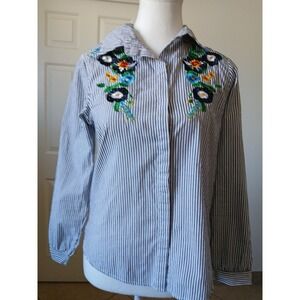 YAN Womens Blouse Shirt S striped button down embroidered floral  black white